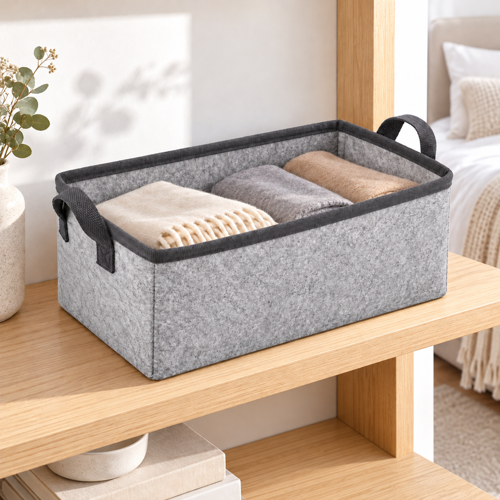 Slate Minimal Narrow Long Fabric Storage Basket in a home storage setting