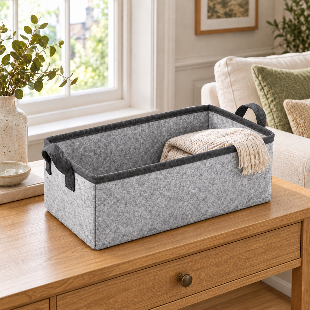 Slate Minimal Narrow Long Fabric Storage Basket in a home storage setting