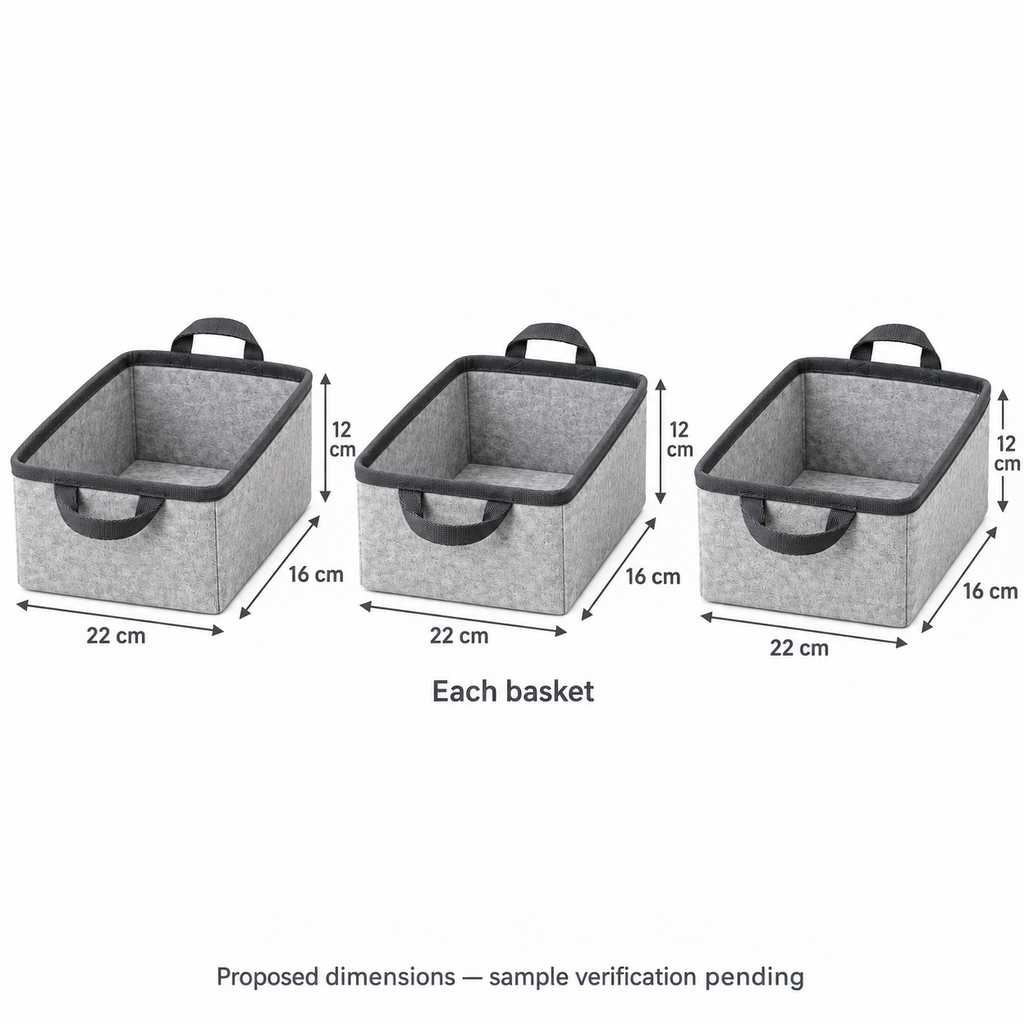 Slate Minimal Small Basket Trio Fabric Storage Baskets, 3-Piece Set showing proposed dimensions