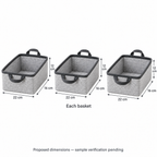Slate Minimal Small Basket Trio Fabric Storage Baskets, 3-Piece Set showing proposed dimensions