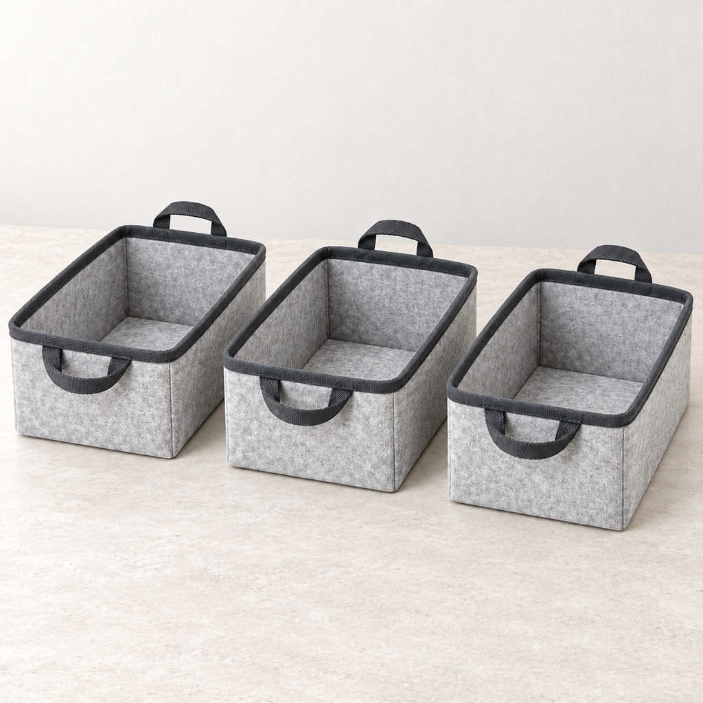 Slate Minimal Small Basket Trio Fabric Storage Baskets, 3-Piece Set showing fabric handles and open interior