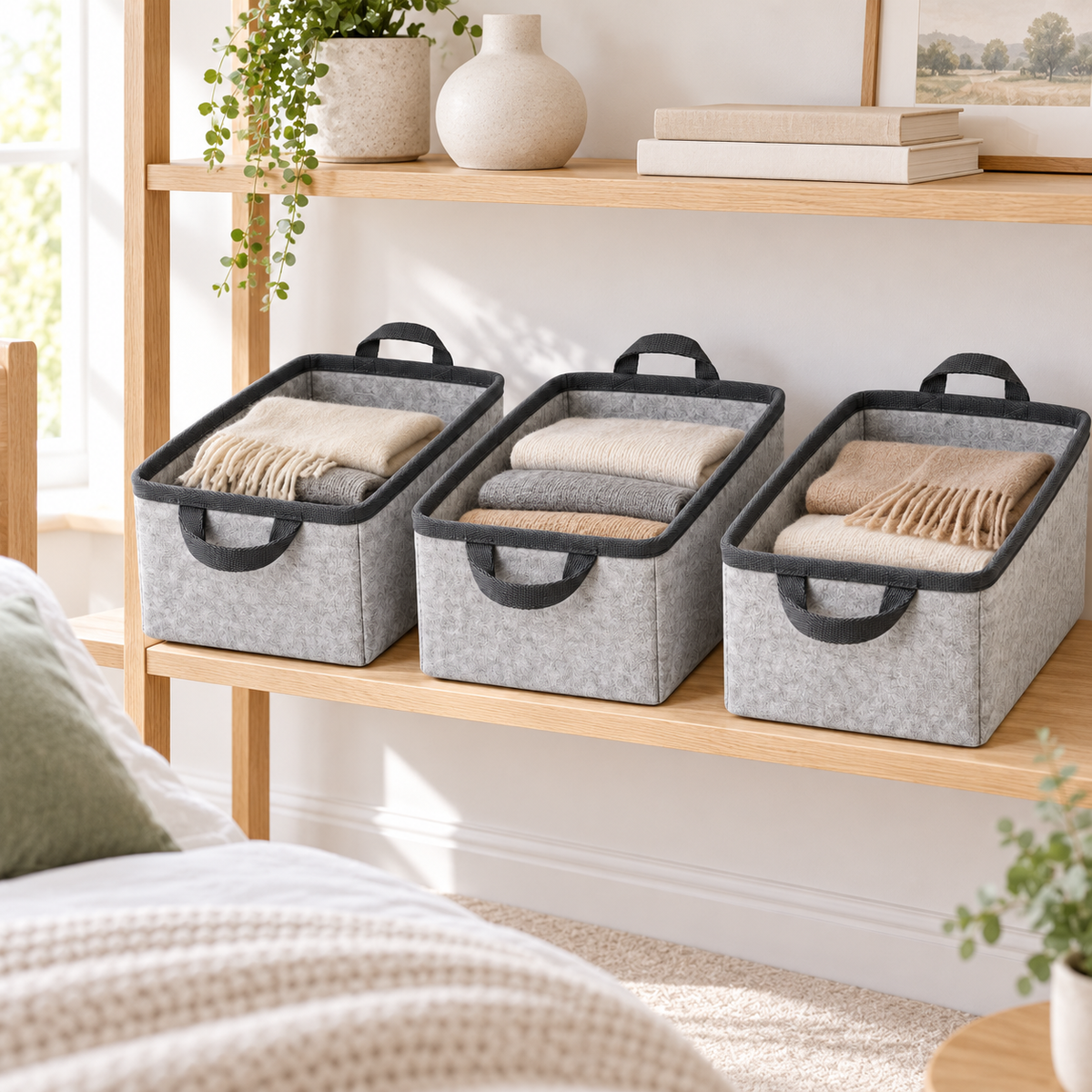 Slate Minimal Small Basket Trio Fabric Storage Baskets, 3-Piece Set in a home storage setting