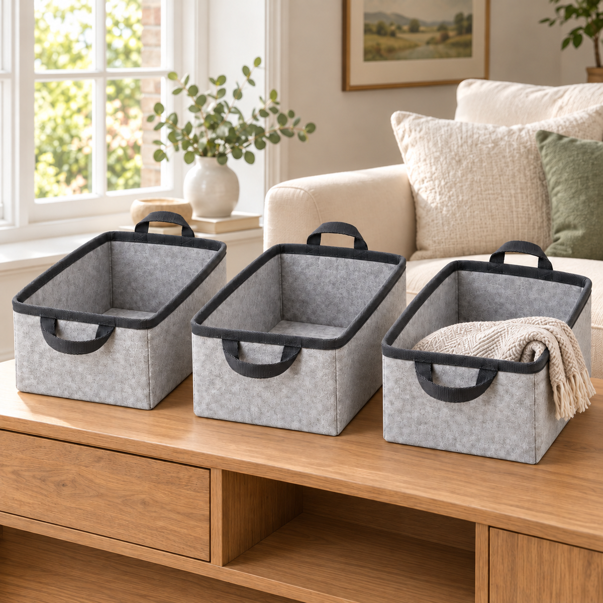 Slate Minimal Small Basket Trio Fabric Storage Baskets, 3-Piece Set in a home storage setting