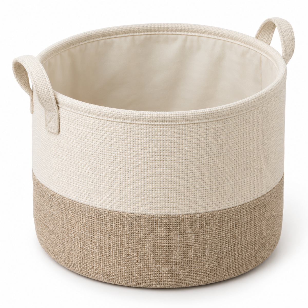 Soft Sand Small Round Fabric Storage Basket on a white background