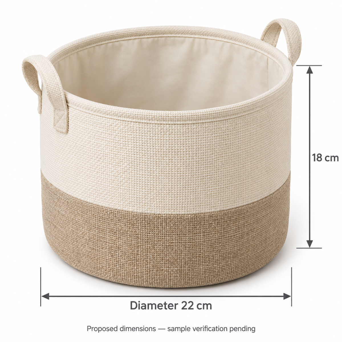Soft Sand Small Round Fabric Storage Basket showing proposed dimensions