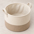 Soft Sand Small Round Fabric Storage Basket showing fabric handles and open interior