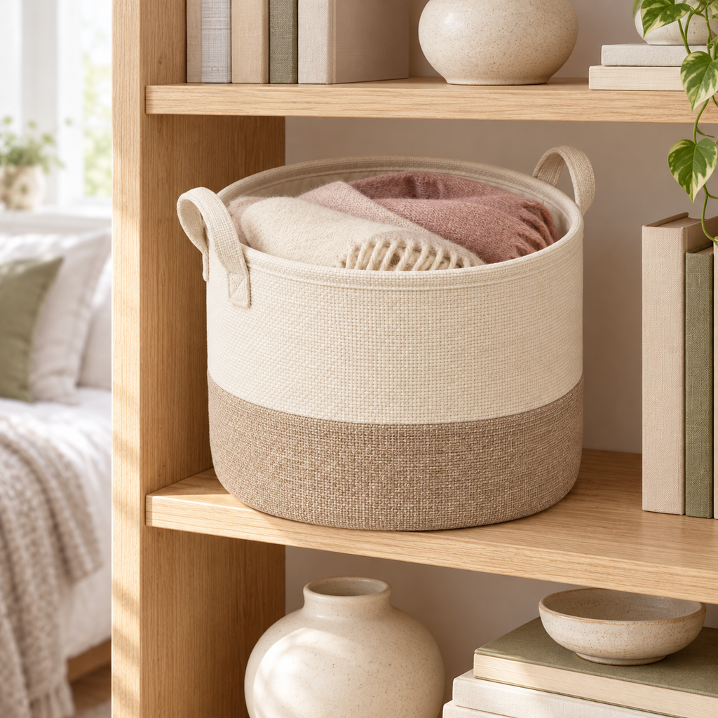 Soft Sand Small Round Fabric Storage Basket in a home storage setting