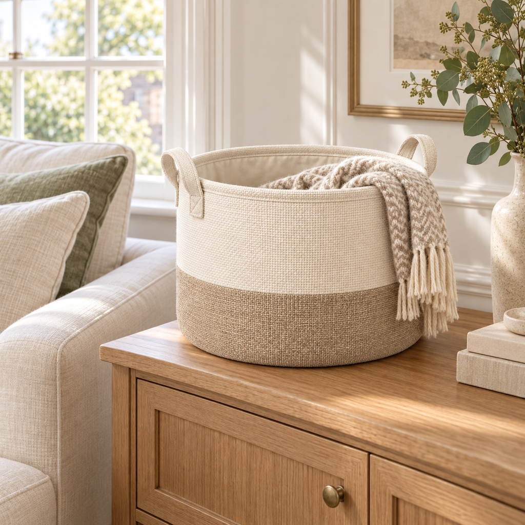 Soft Sand Small Round Fabric Storage Basket in a home storage setting