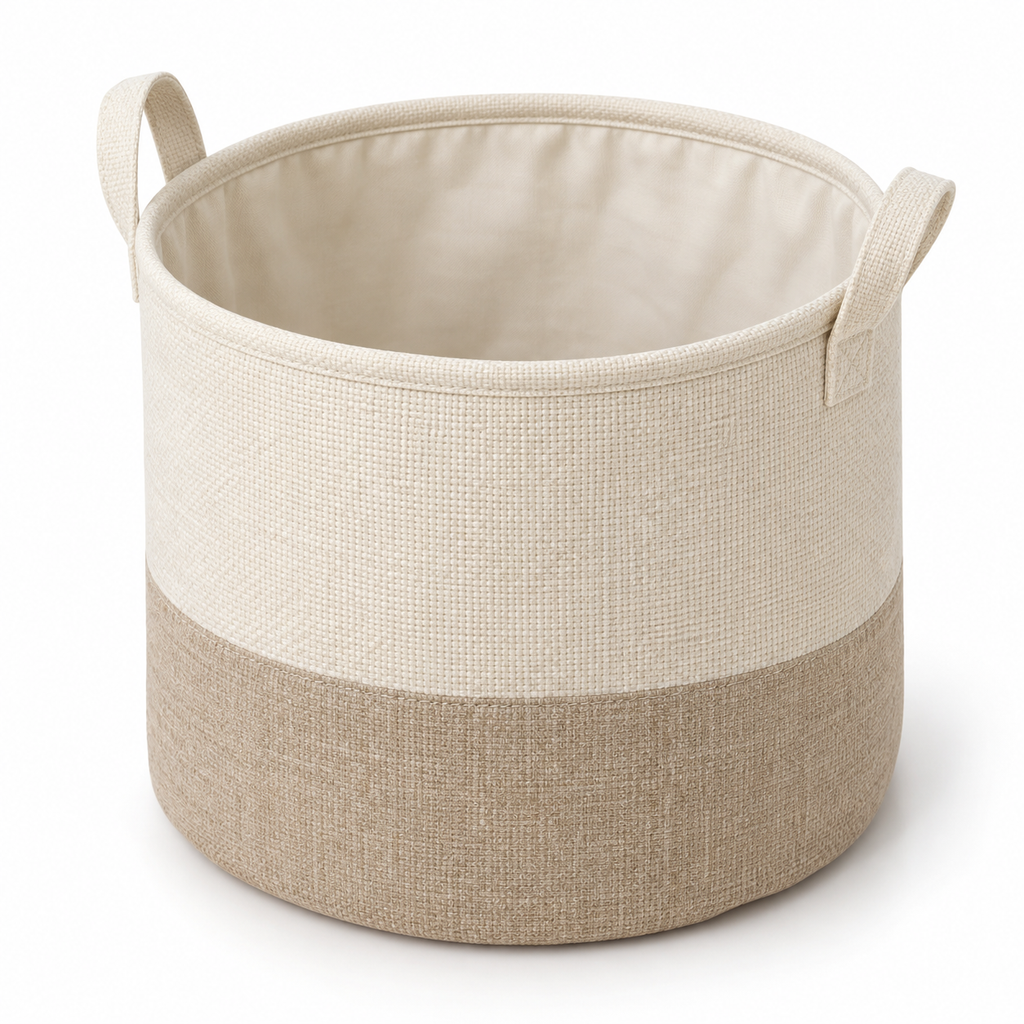 Soft Sand Medium Round Fabric Storage Basket on a white background