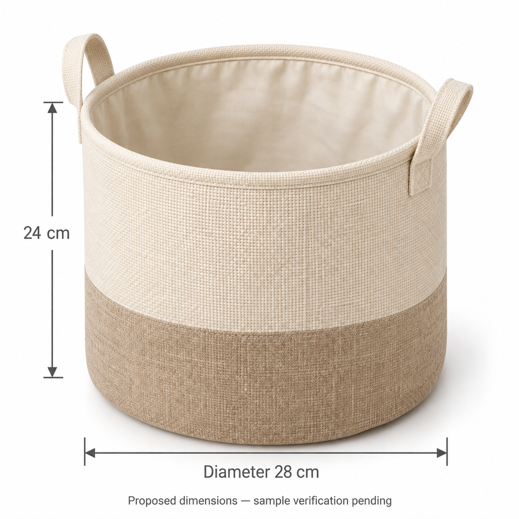 Soft Sand Medium Round Fabric Storage Basket showing proposed dimensions
