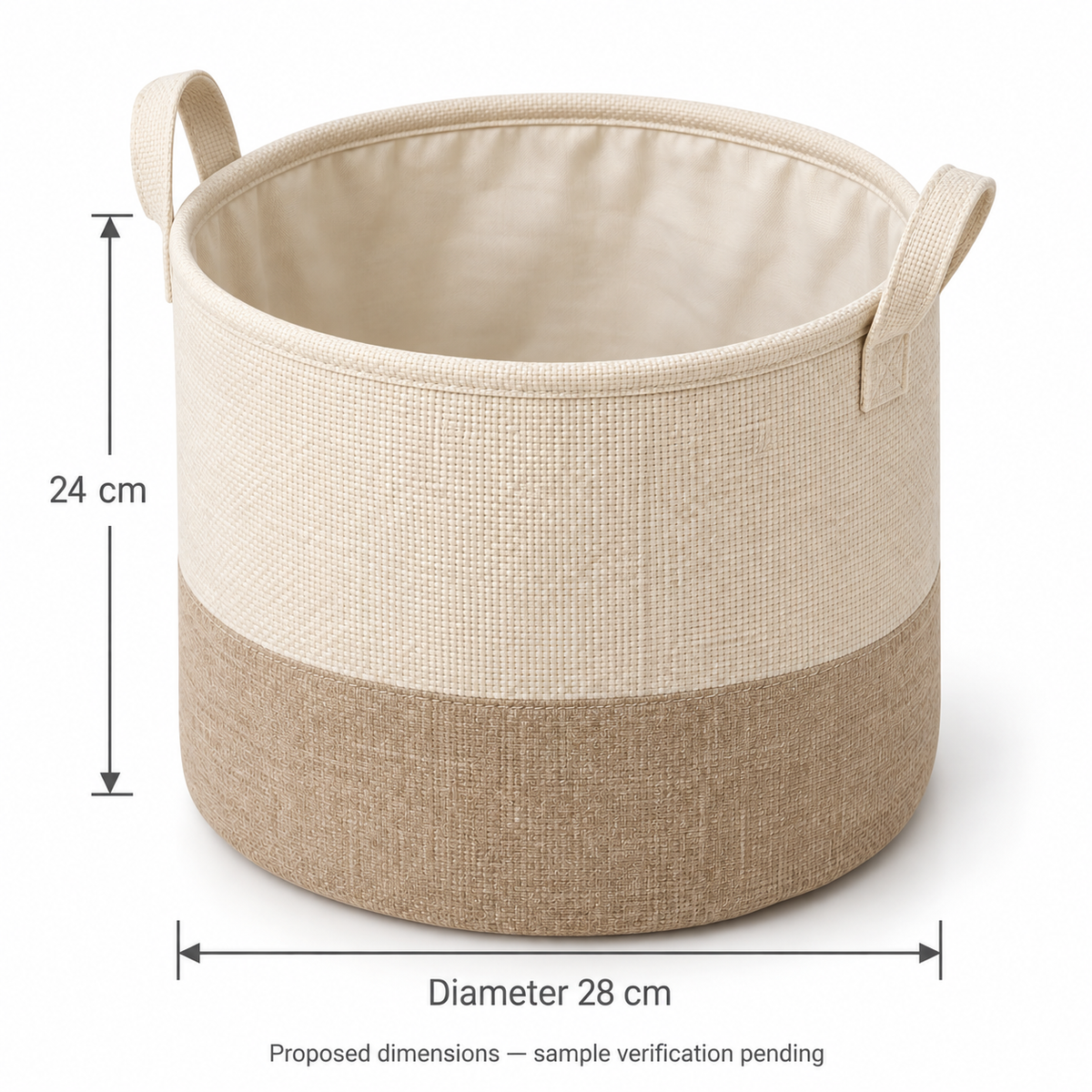 Soft Sand Medium Round Fabric Storage Basket showing proposed dimensions