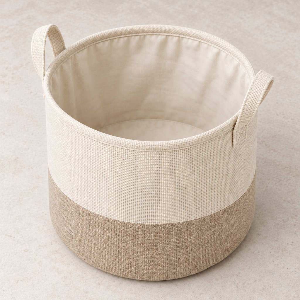 Soft Sand Medium Round Fabric Storage Basket showing fabric handles and open interior