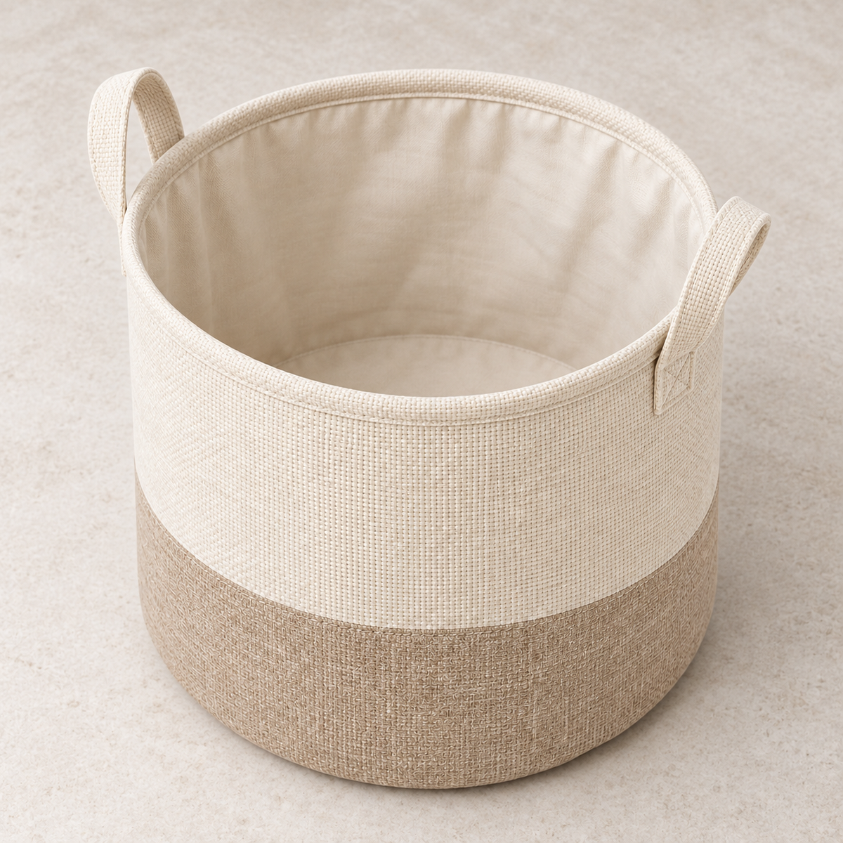 Soft Sand Medium Round Fabric Storage Basket showing fabric handles and open interior