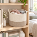 Soft Sand Medium Round Fabric Storage Basket in a home storage setting