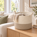 Soft Sand Medium Round Fabric Storage Basket in a home storage setting