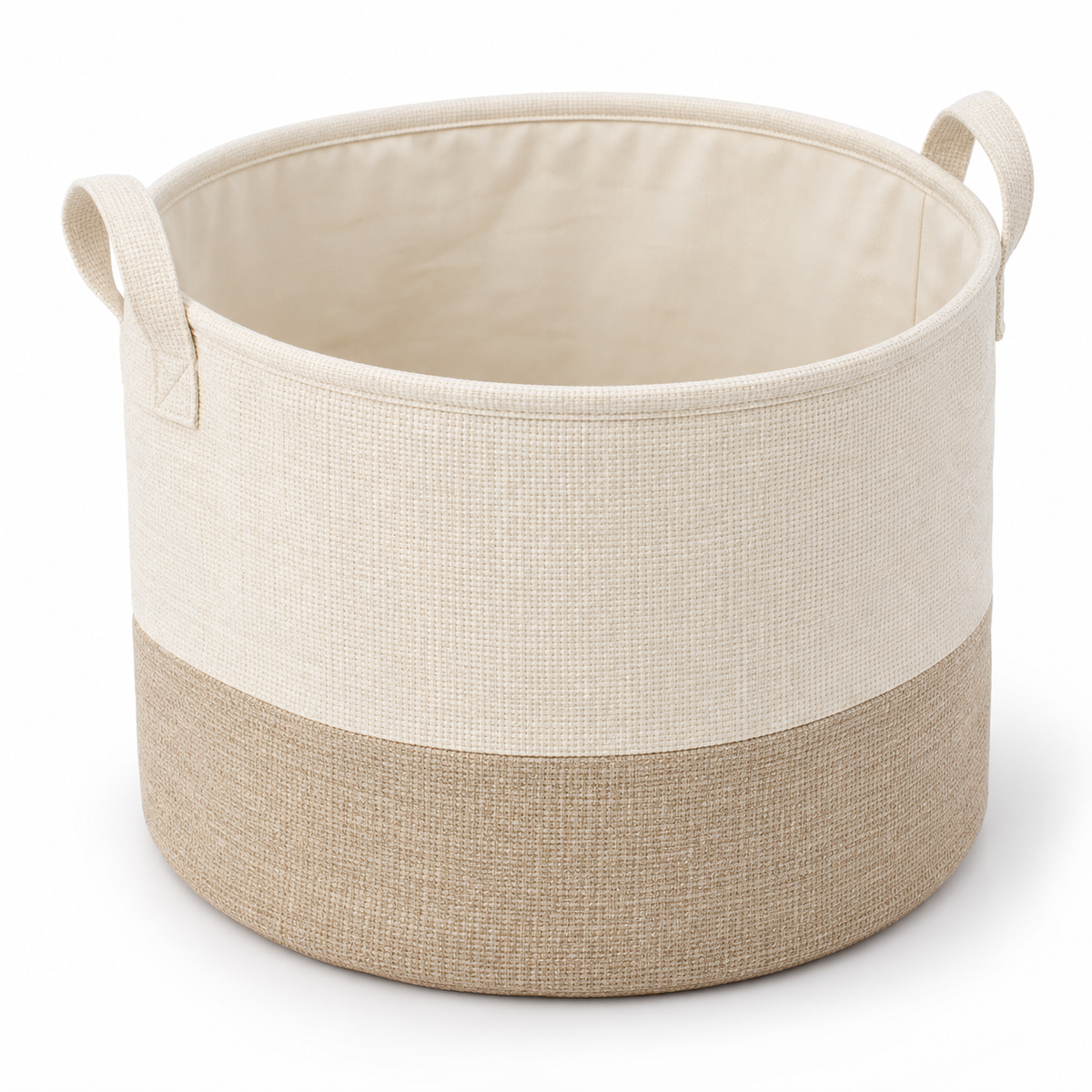 Soft Sand Large Round Fabric Storage Basket on a white background
