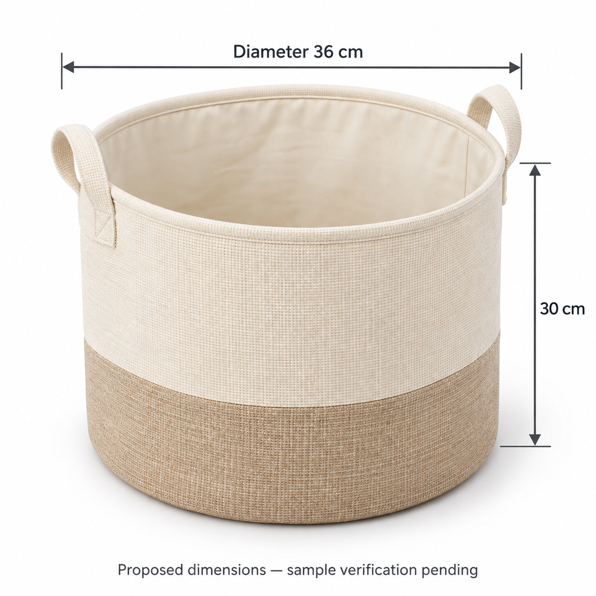 Soft Sand Large Round Fabric Storage Basket showing proposed dimensions
