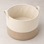 Soft Sand Large Round Fabric Storage Basket showing fabric handles and open interior