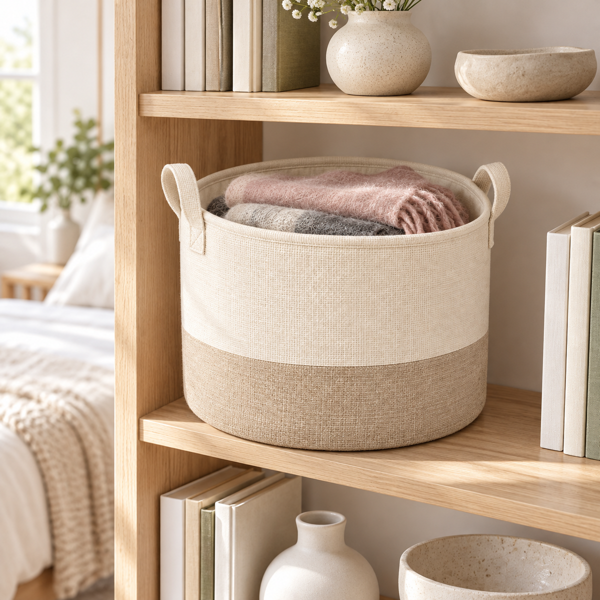 Soft Sand Large Round Fabric Storage Basket in a home storage setting