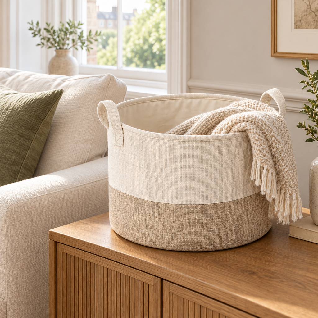 Soft Sand Large Round Fabric Storage Basket in a home storage setting