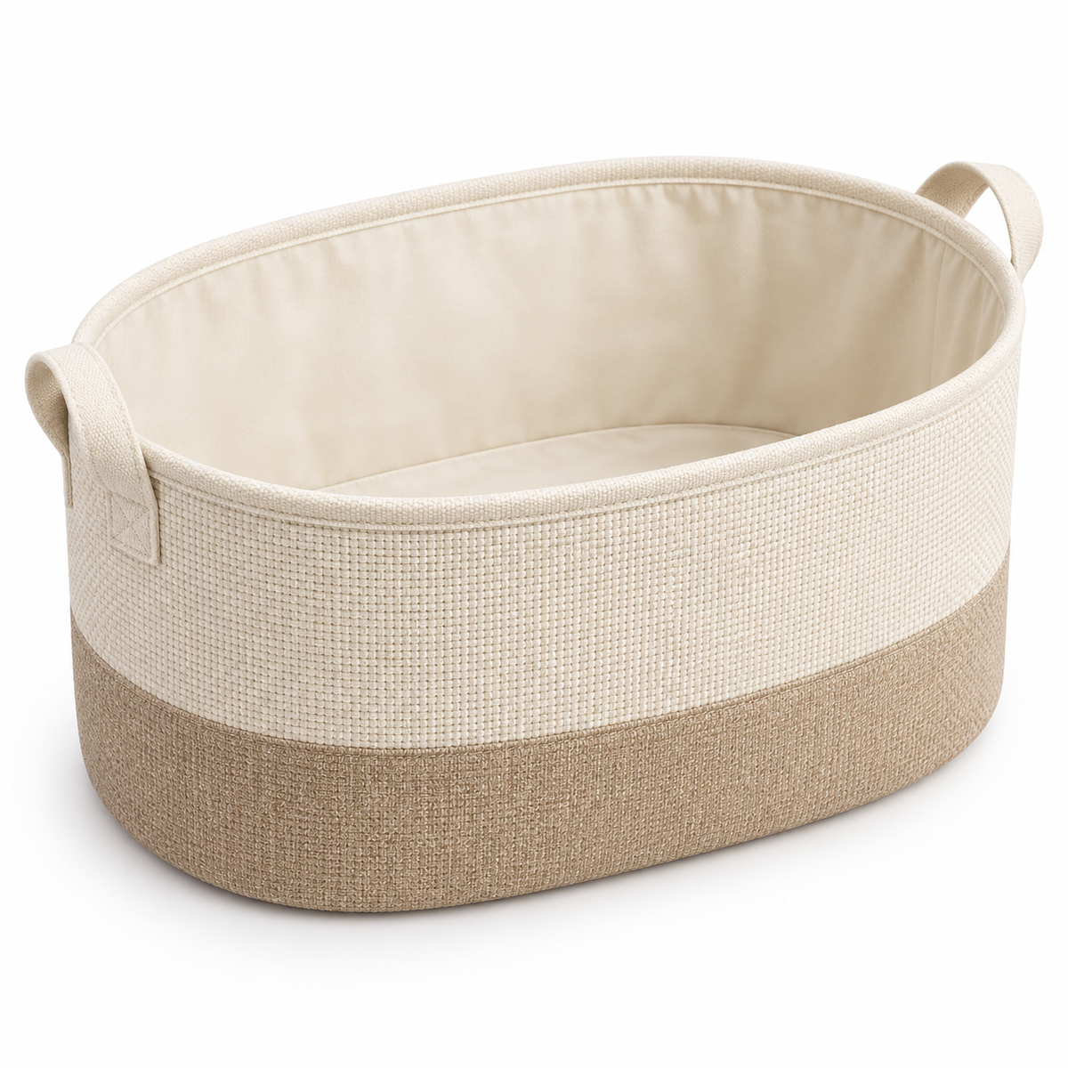 Soft Sand Wide Oval Fabric Storage Basket on a white background