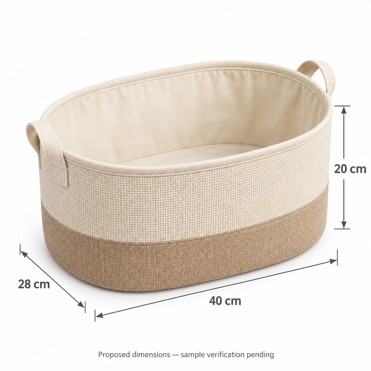 Soft Sand Wide Oval Fabric Storage Basket showing proposed dimensions