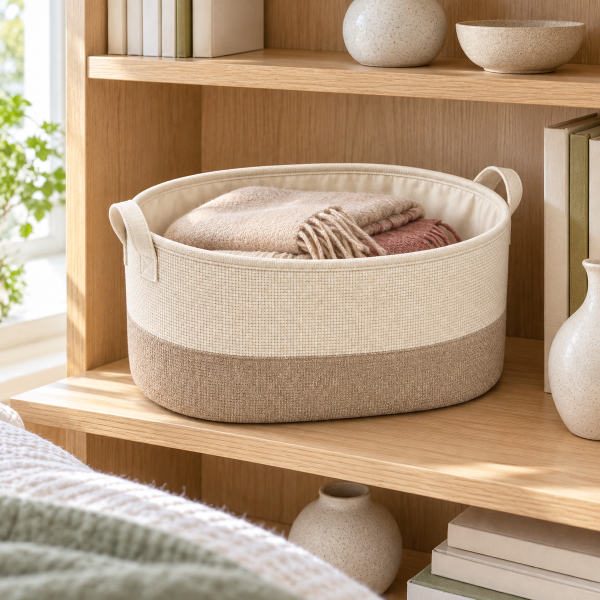Soft Sand Wide Oval Fabric Storage Basket in a home storage setting