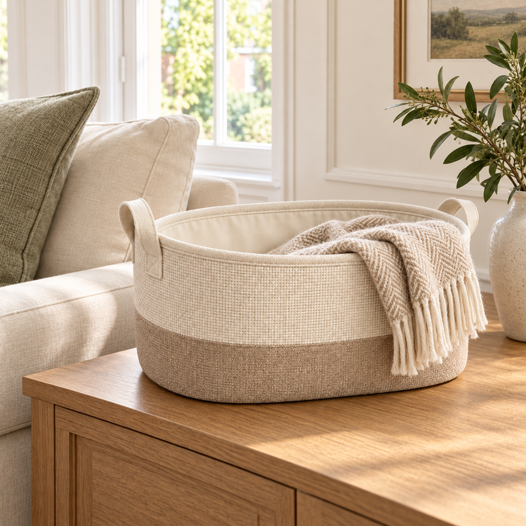 Soft Sand Wide Oval Fabric Storage Basket in a home storage setting