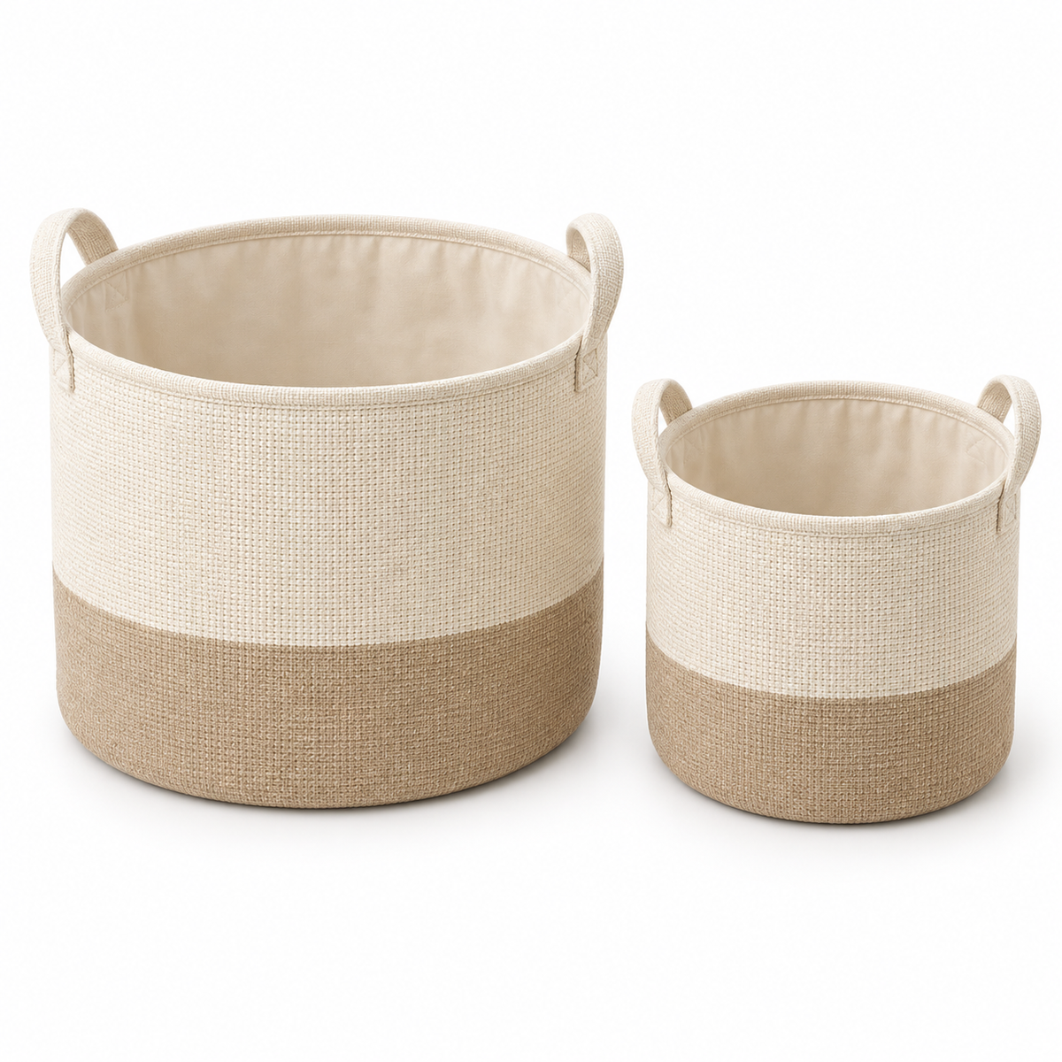 Soft Sand Mixed Size Set Fabric Storage Baskets, 2-Piece Set on a white background