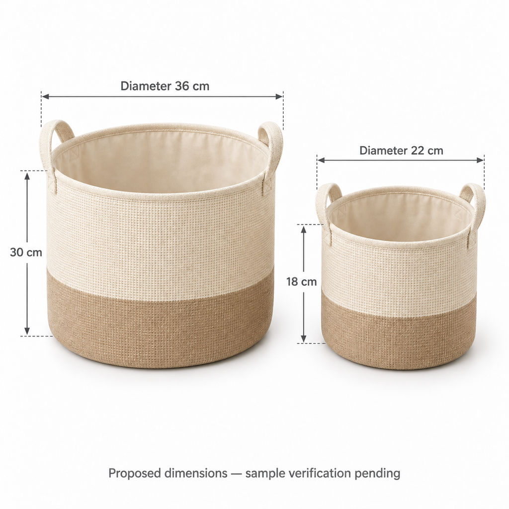 Soft Sand Mixed Size Set Fabric Storage Baskets, 2-Piece Set showing proposed dimensions