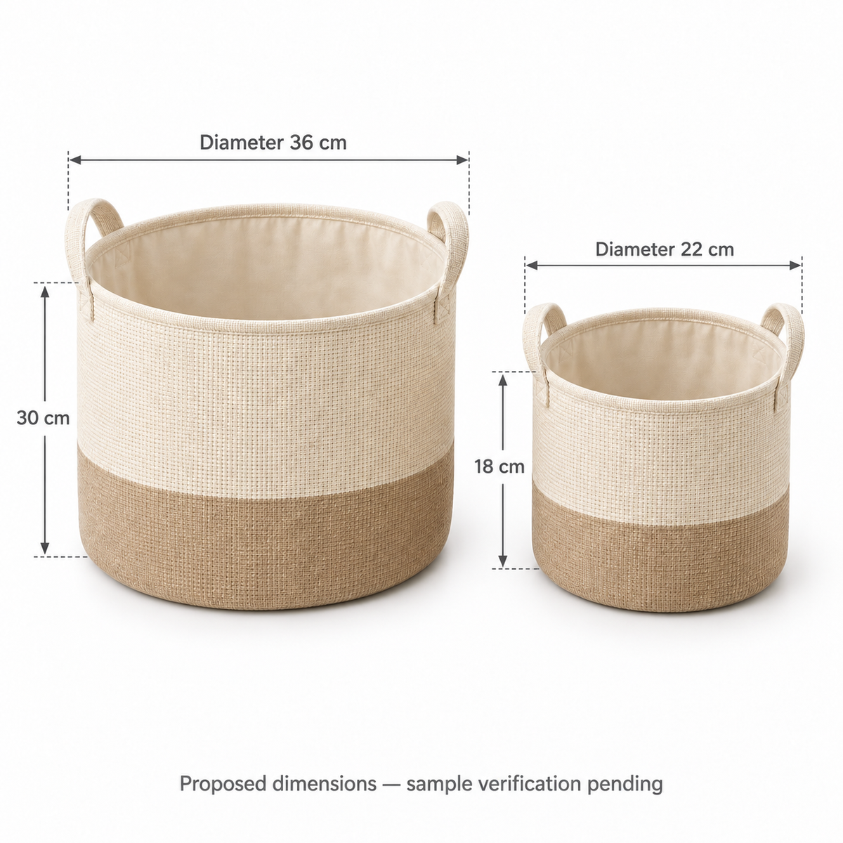 Soft Sand Mixed Size Set Fabric Storage Baskets, 2-Piece Set showing proposed dimensions