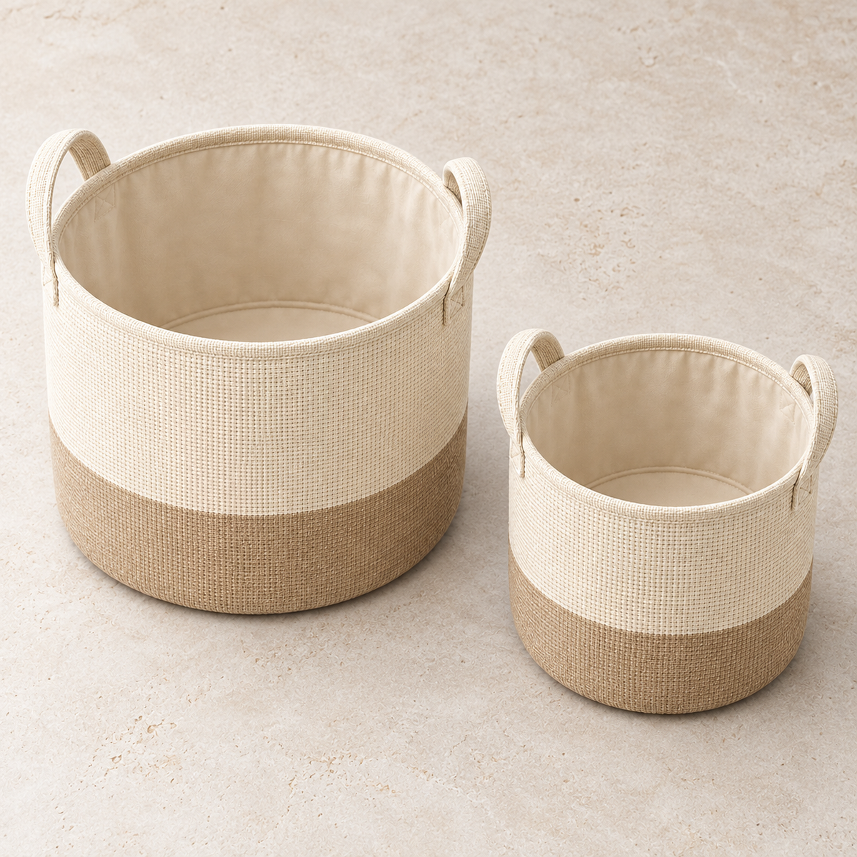 Soft Sand Mixed Size Set Fabric Storage Baskets, 2-Piece Set showing fabric handles and open interior