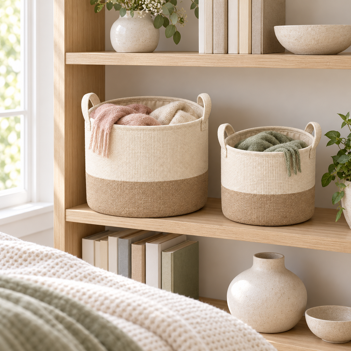 Soft Sand Mixed Size Set Fabric Storage Baskets, 2-Piece Set in a home storage setting