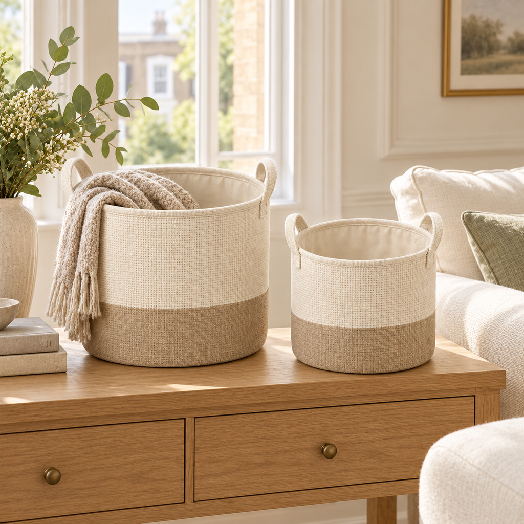 Soft Sand Mixed Size Set Fabric Storage Baskets, 2-Piece Set in a home storage setting