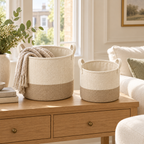Soft Sand Mixed Size Set Fabric Storage Baskets, 2-Piece Set in a home storage setting