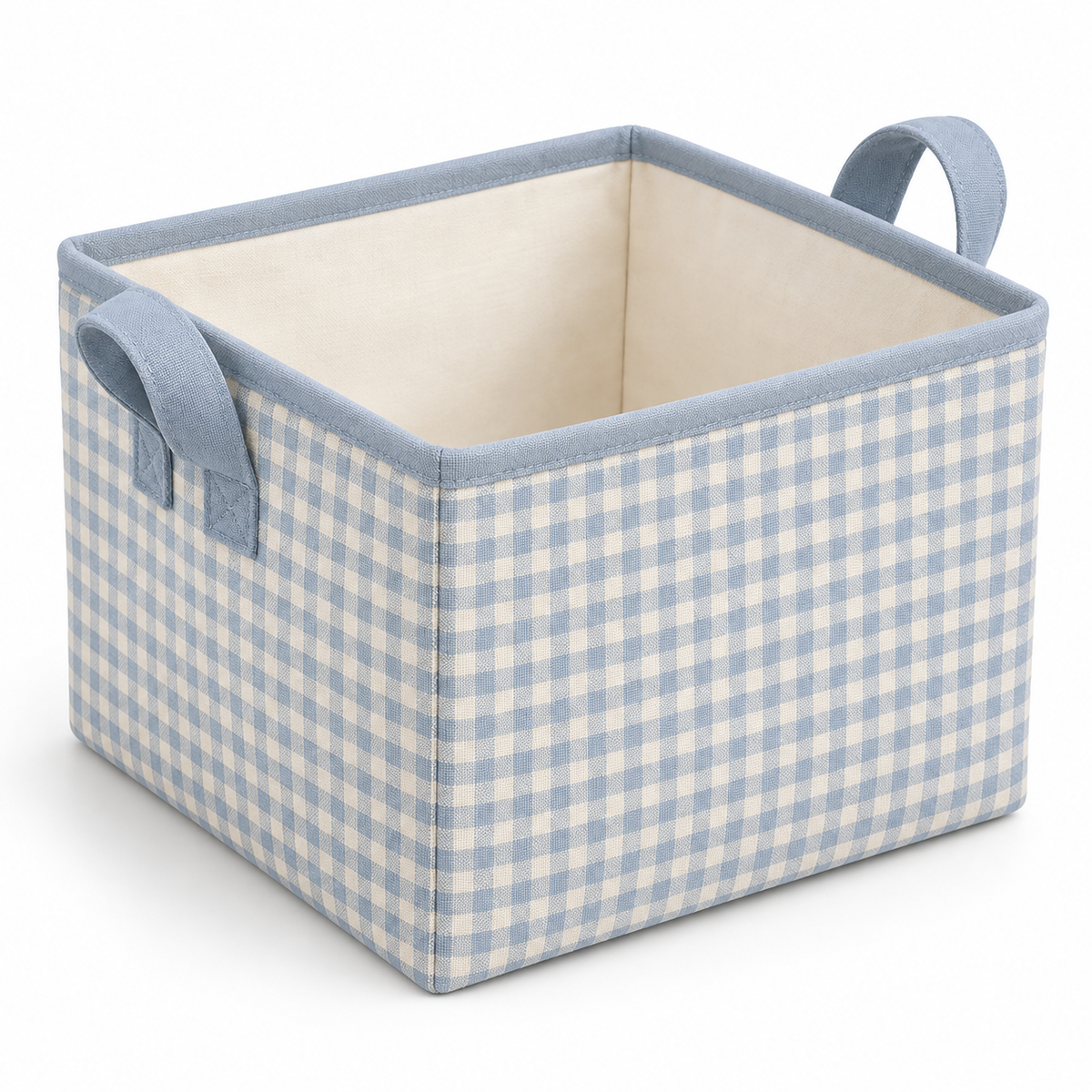 Blue Gingham Small Square Fabric Storage Basket on a white background