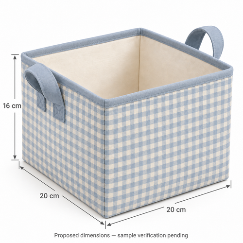 Blue Gingham Small Square Fabric Storage Basket showing proposed dimensions