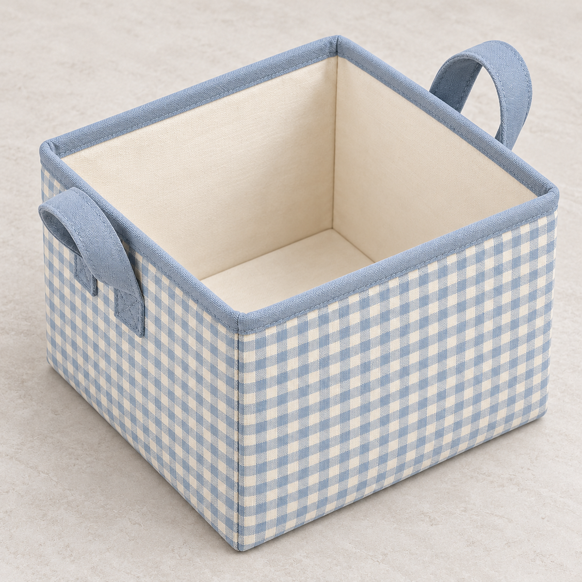 Blue Gingham Small Square Fabric Storage Basket showing fabric handles and open interior