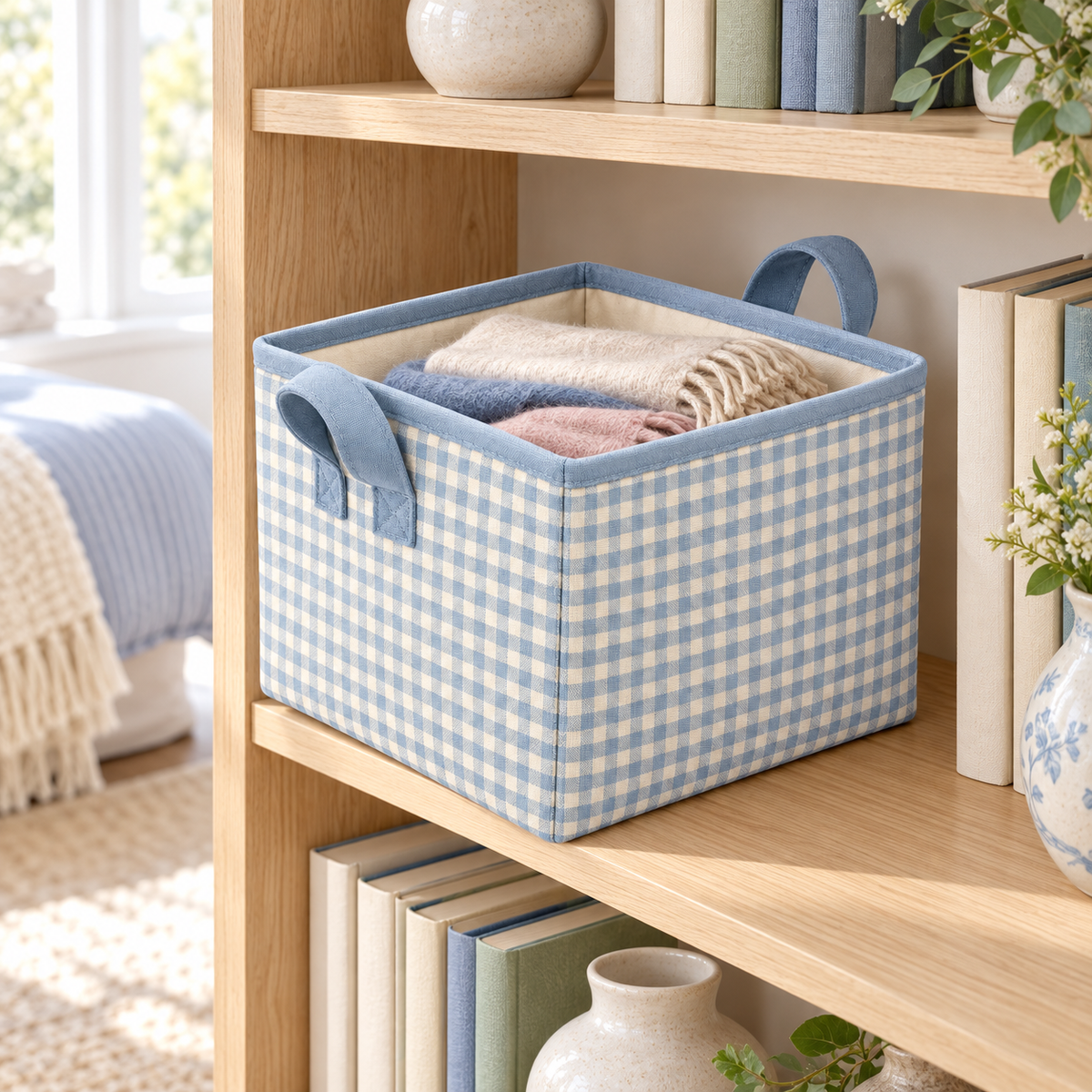 Blue Gingham Small Square Fabric Storage Basket in a home storage setting