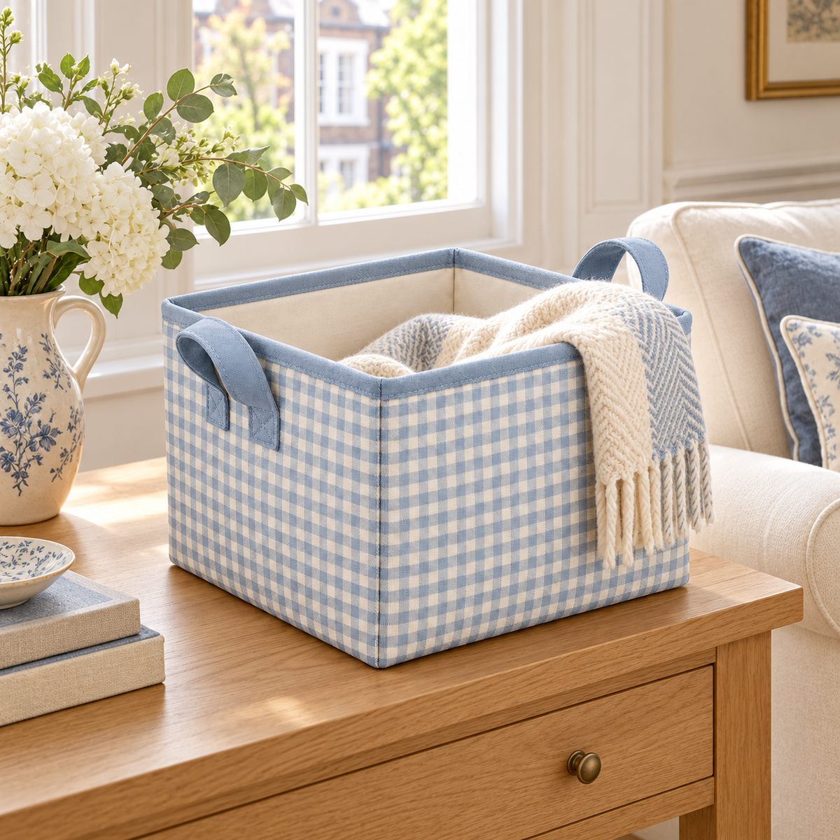 Blue Gingham Small Square Fabric Storage Basket in a home storage setting
