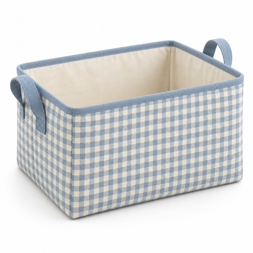 Blue Gingham Medium Rectangular Fabric Storage Basket on a white background