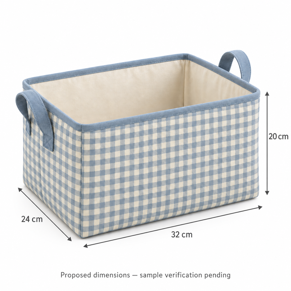 Blue Gingham Medium Rectangular Fabric Storage Basket showing proposed dimensions