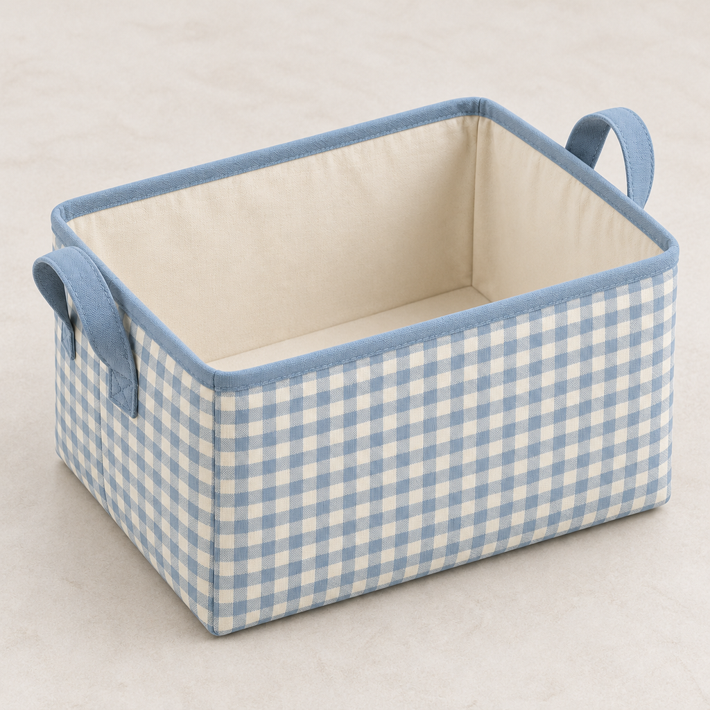 Blue Gingham Medium Rectangular Fabric Storage Basket showing fabric handles and open interior