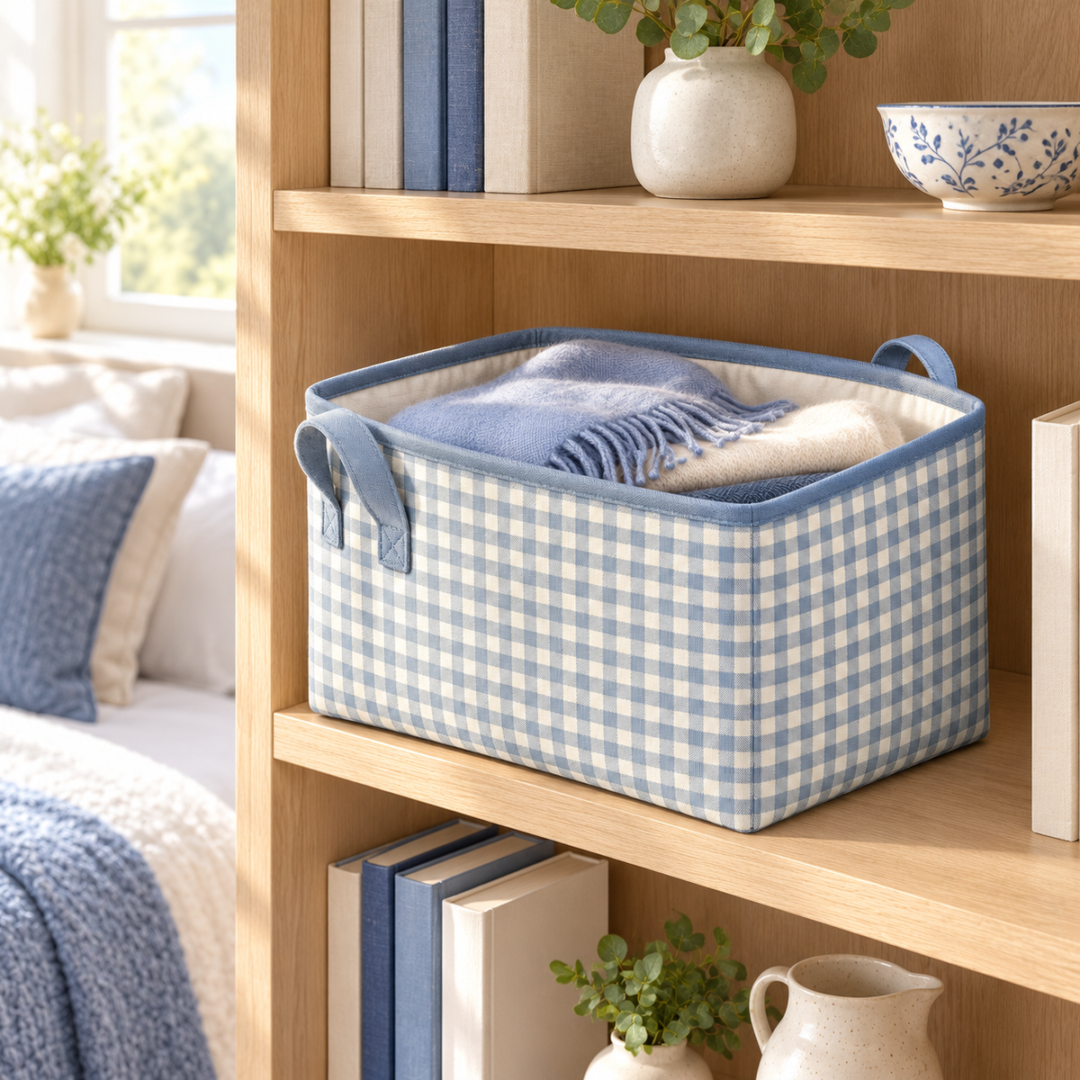 Blue Gingham Medium Rectangular Fabric Storage Basket in a home storage setting