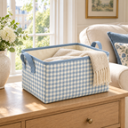 Blue Gingham Medium Rectangular Fabric Storage Basket in a home storage setting