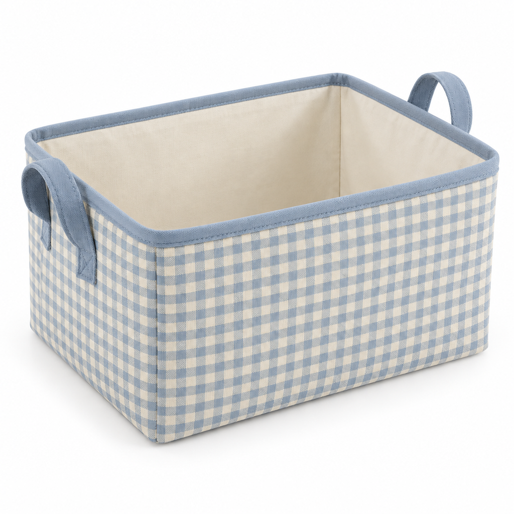 Blue Gingham Large Rectangular Fabric Storage Basket on a white background