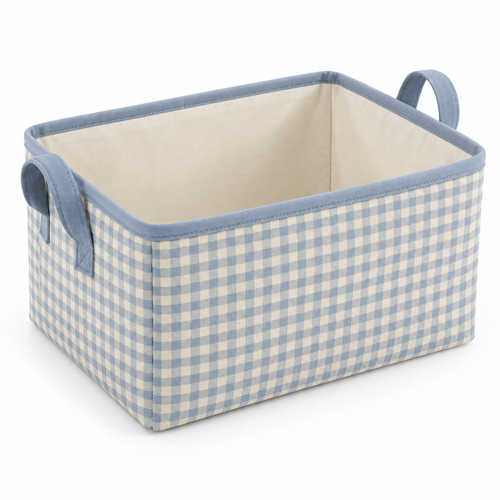 Blue Gingham Large Rectangular Fabric Storage Basket on a white background