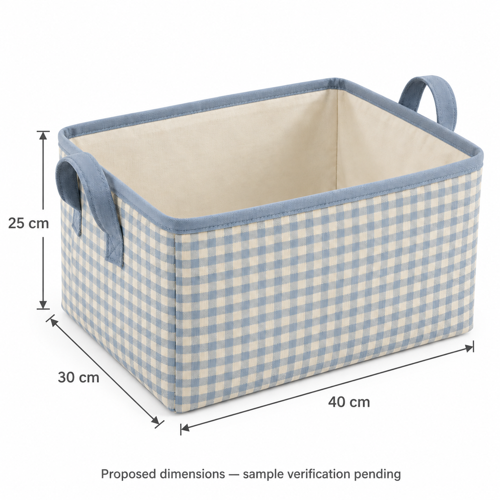 Blue Gingham Large Rectangular Fabric Storage Basket showing proposed dimensions