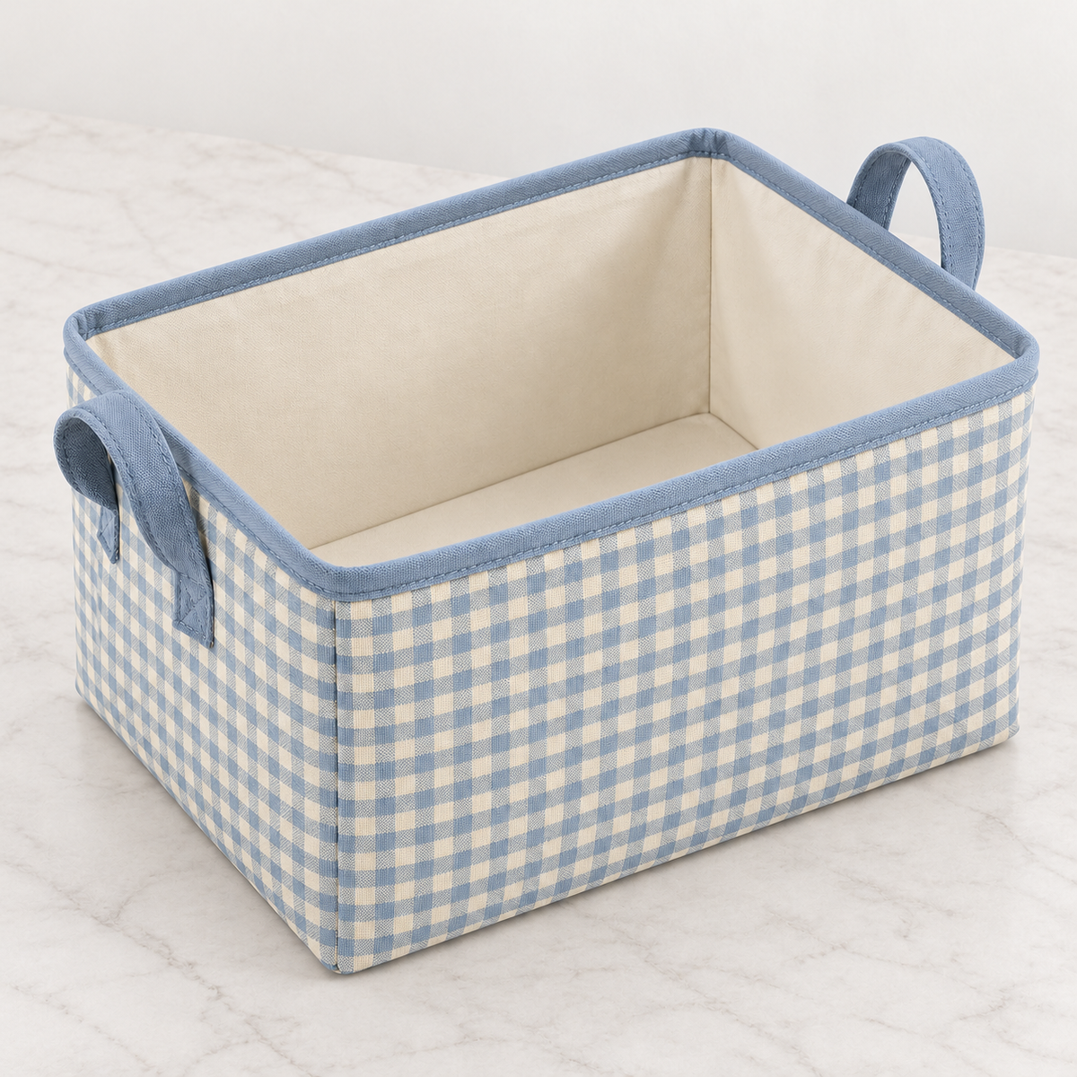 Blue Gingham Large Rectangular Fabric Storage Basket showing fabric handles and open interior