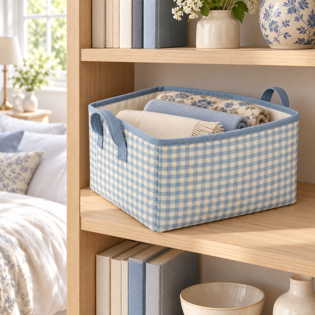 Blue Gingham Large Rectangular Fabric Storage Basket in a home storage setting